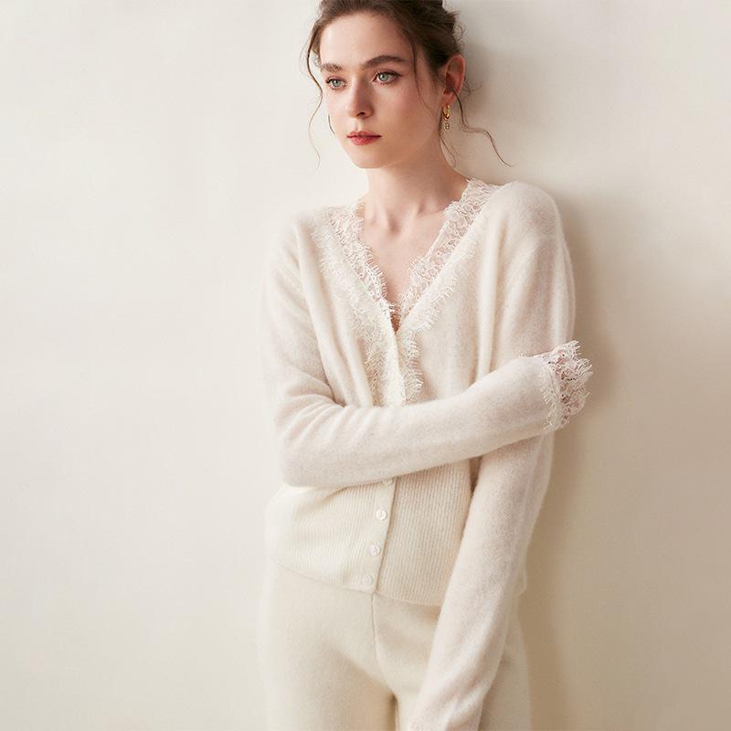 Lace Trim V-Neck Cashmere Cardigan for Women - Short Knitted Wool Sweater Coat with Long Sleeves for Autumn/Winter 2024
