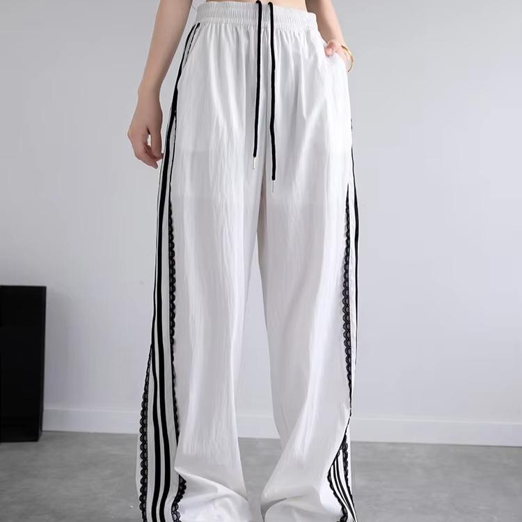 Korean Lace Patchwork Women's Trousers, Side Stripe Webbing Wide-Leg Pants, Casual Baggy Sweatpants, Women's Pants Trend 2026