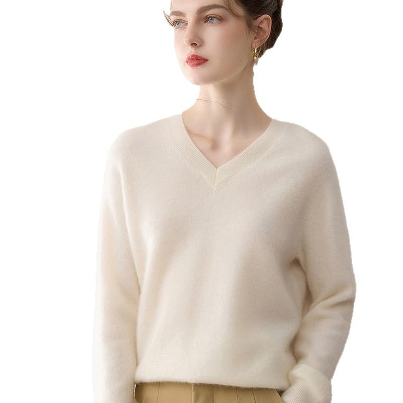 Women's 100% Pure Cashmere V-Neck Seamless Sweater - Simple, Versatile, Close-fitting Base Layer