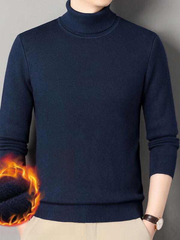 Men's Winter Warm Velvet High Neck Sweater - Solid Color Knit Pullover