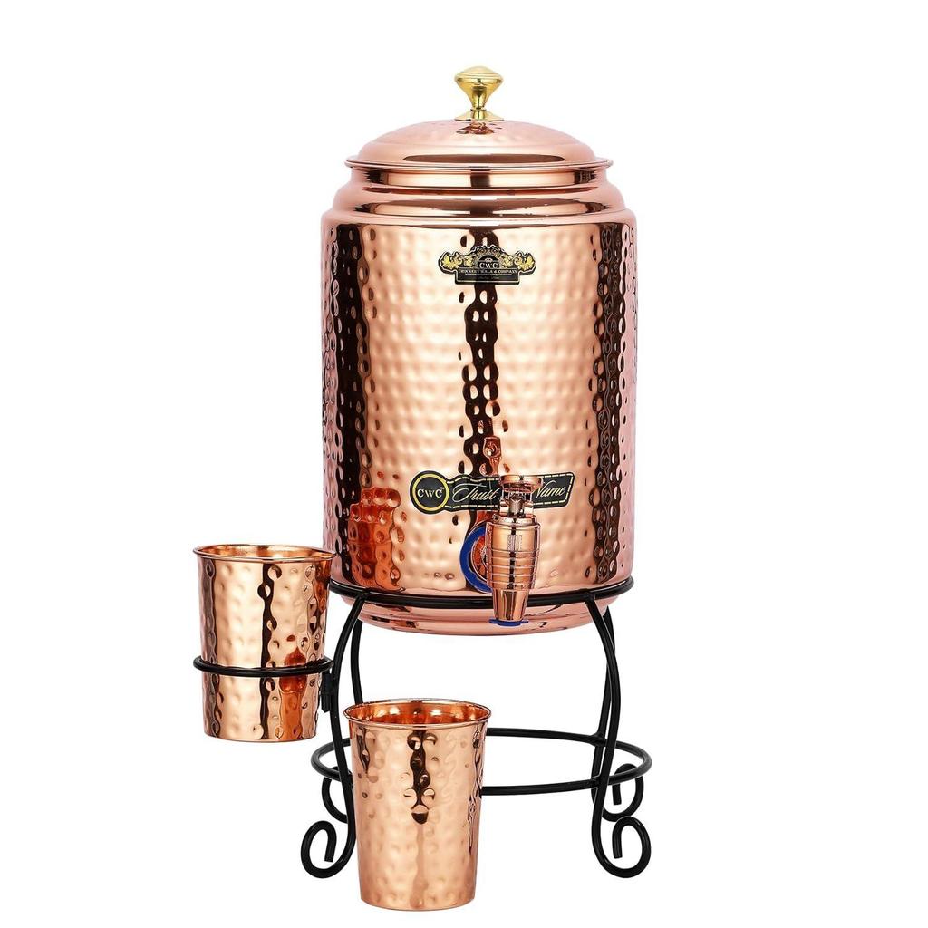 Copper Water Dispenser Set – 5 litres | Hammered Natural Finish | Includes Stand, 2 Glasses & ABS Tap | Ayurvedic Tamra Jal Water Storage Pot