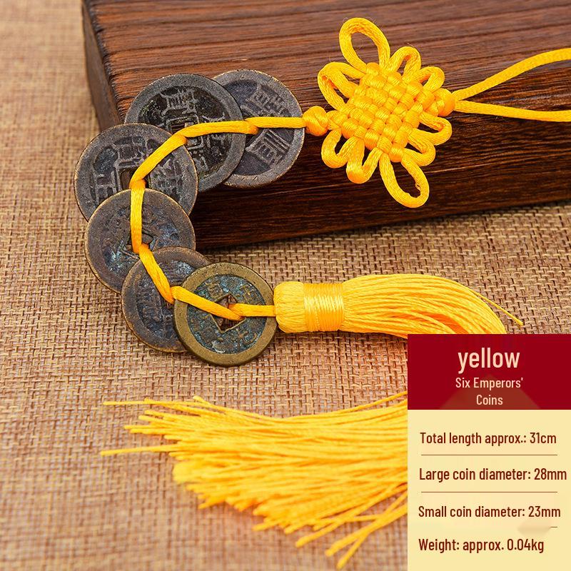 Pure Copper Chinese Lucky Knot Pendant with Five, Six, and Ten Emperor Coins - Door or Threshold Decoration.