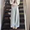 Lace Trim Blue Plaid Women's Wide-Leg Pants: High Waist, Loose Fit, Spring/Autumn 2025