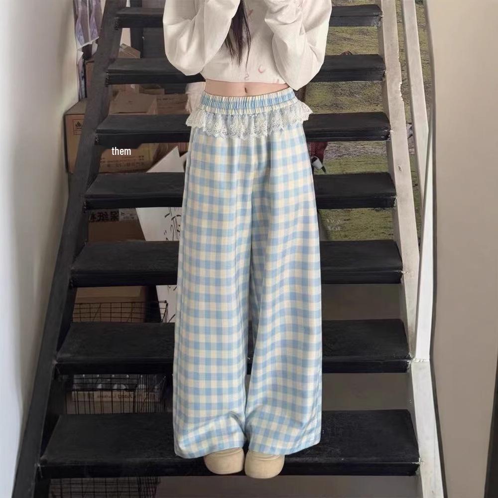 Lace Trim Blue Plaid Women's Wide-Leg Pants: High Waist, Loose Fit, Spring/Autumn 2025