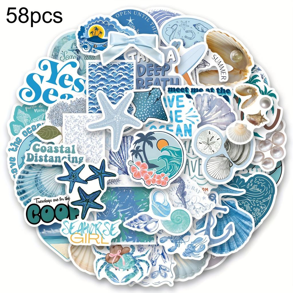58pcs The Coastal Stickers Skateboard Notebook Luggage Phone Car Stickers Scrapbooking Kawaii Cartoon Shell Crab Shrimp Decals