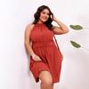 QICED Summer Women's Dress In Large Size, Semi-high Neck, Halter, Cinched Waist, Jacquard Solid Color