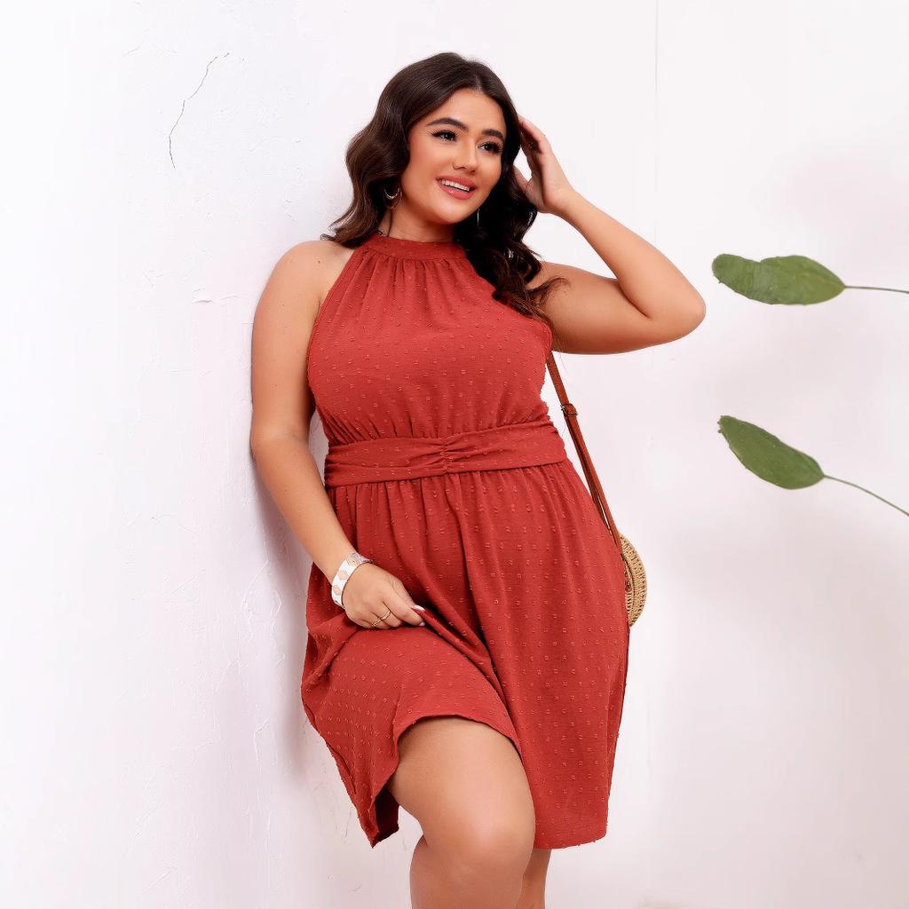 QICED Summer Women's Dress In Large Size, Semi-high Neck, Halter, Cinched Waist, Jacquard Solid Color