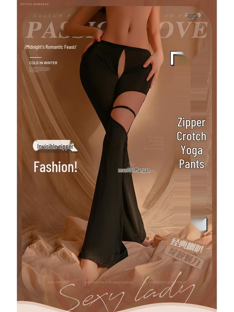 Man Yan Sexy Průsvitné Vykrojené Spodní Prádlo Zvonové Jógové Kalhoty se Zipem v Rozkroku