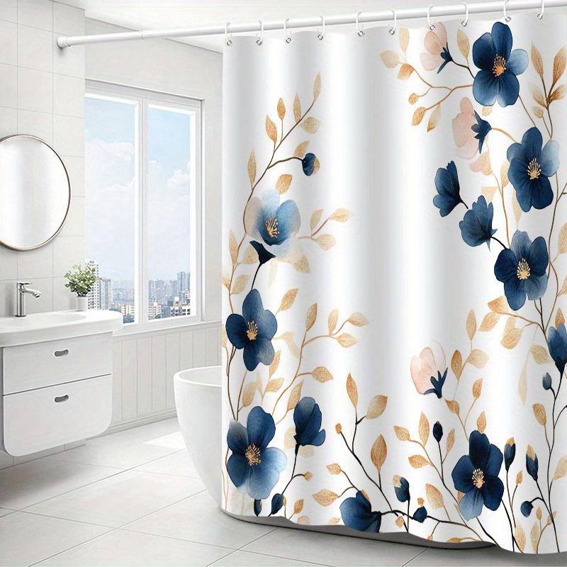 1Pc Blue Floral Pattern Shower Curtain With Hook, Shower Curtain, Bathroom Partition, Bathroom Accessories, Home Decoration