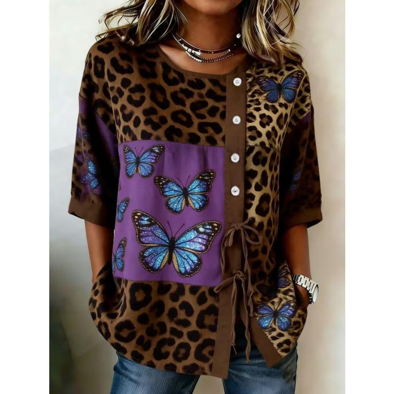 Women's Printed Lace-up Short-sleeved Blouse, Fashionable and Versatile, Comfortable and Skin-friendly, Machine Washable.