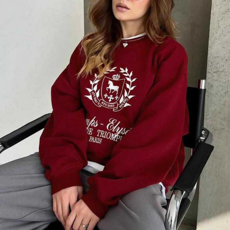 2026 Womens Round Neck Loose Fit Printed Hoodie Sweatshirt Casual Comfortable Long Sleeve Top