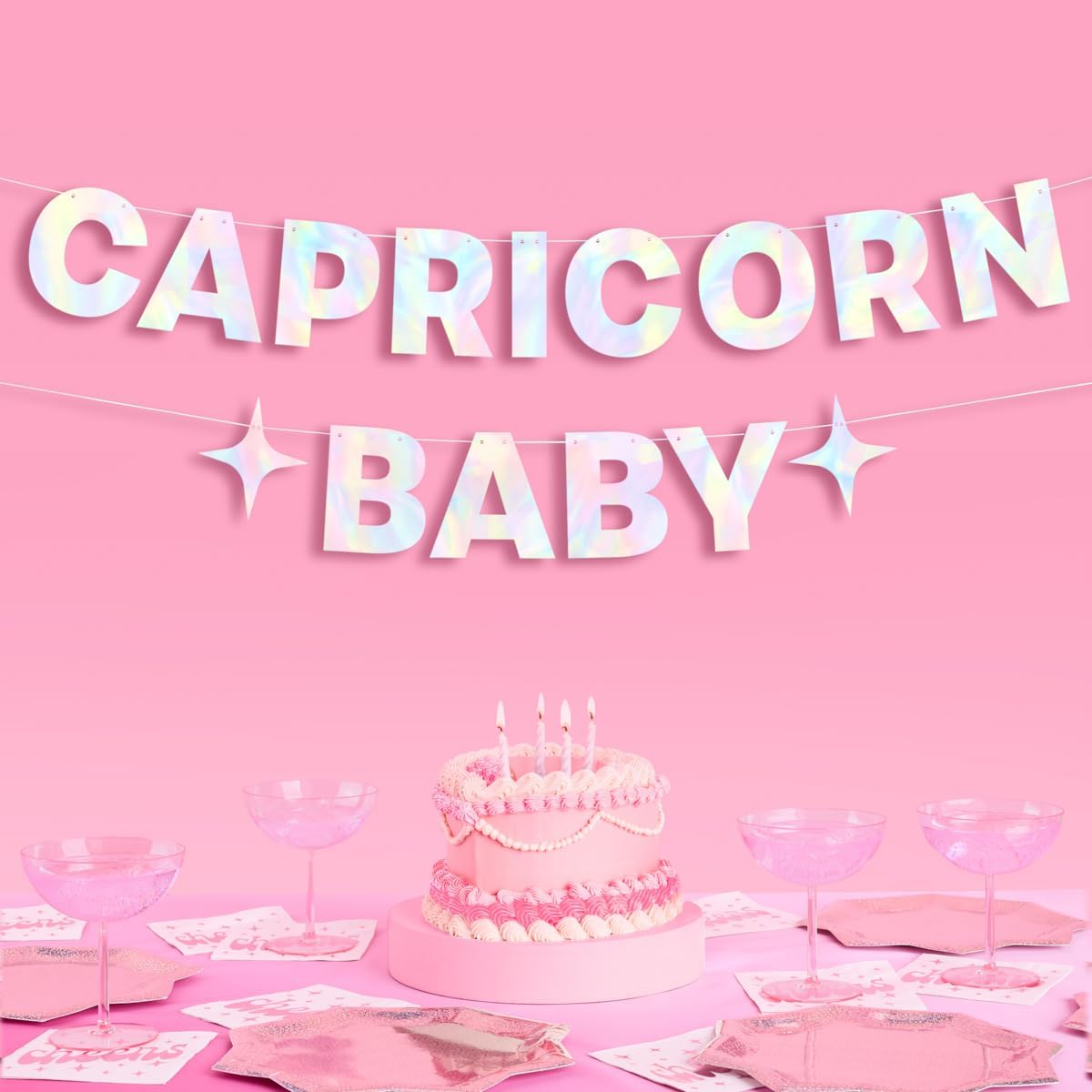 xo, Fetti Capricorn Baby Birthday Party Iridescent Foil Banner - 5 Ft. | Zodiac Capricorn, Horoscope, Astrology Bday Party Decorations Gift