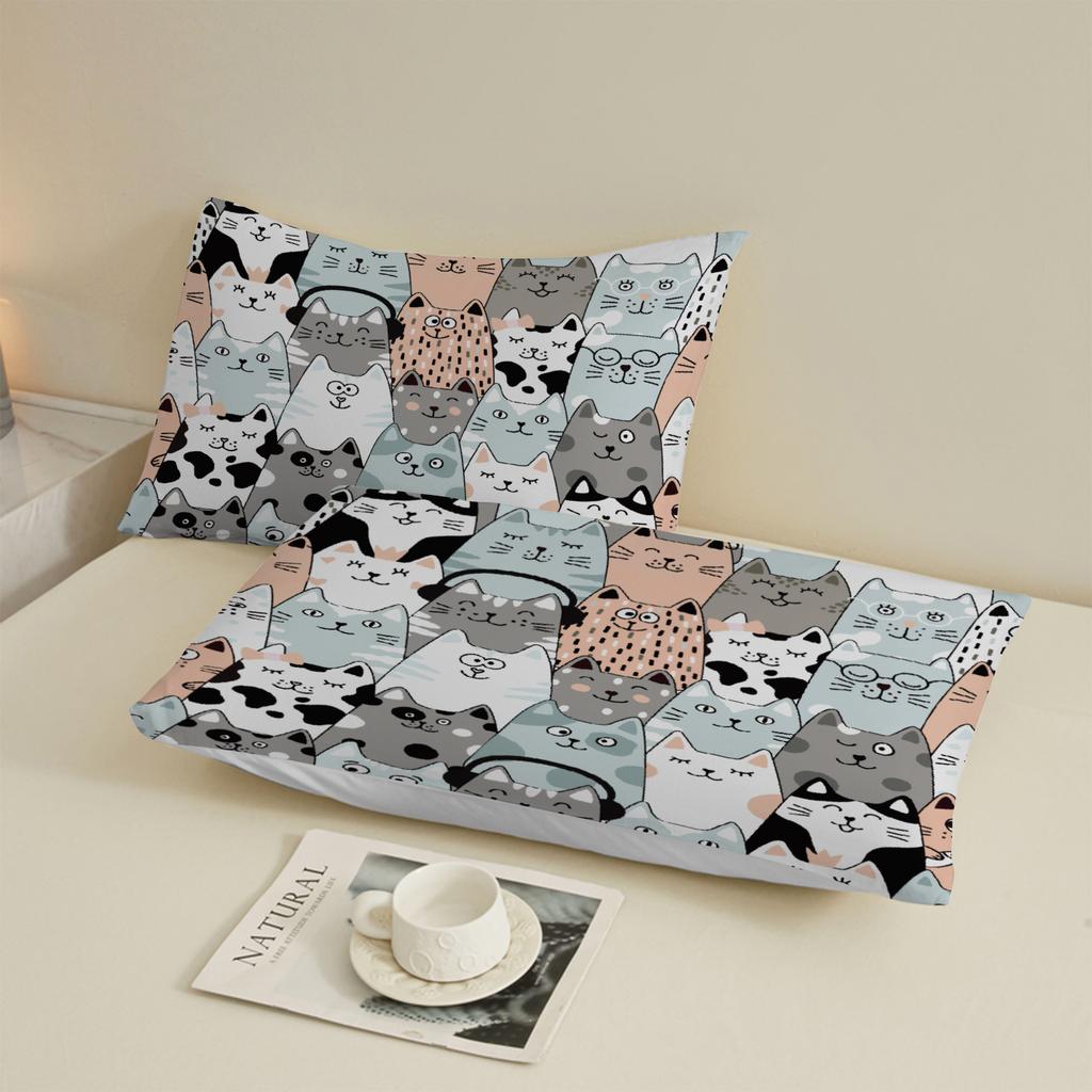 3 stuks Kleurrijke Katten Hoeslaken Cartoon Kattenpatroon 3D Print Cadeaus Voor Studenten Meisjes 100% Polyester Plat Laken Met Kussenslopen