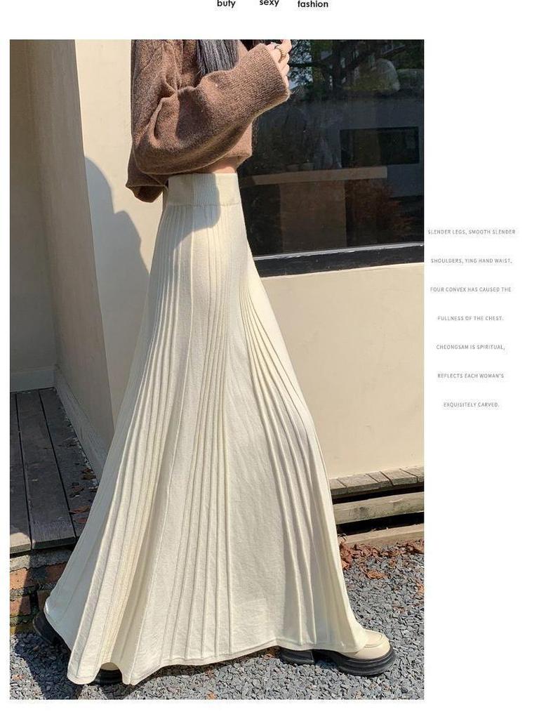 Eleganter Falten-A-Linien-Regenschirmrock mit hoher Taille, französisch-koreanischer Stil, für Herbst & Winter