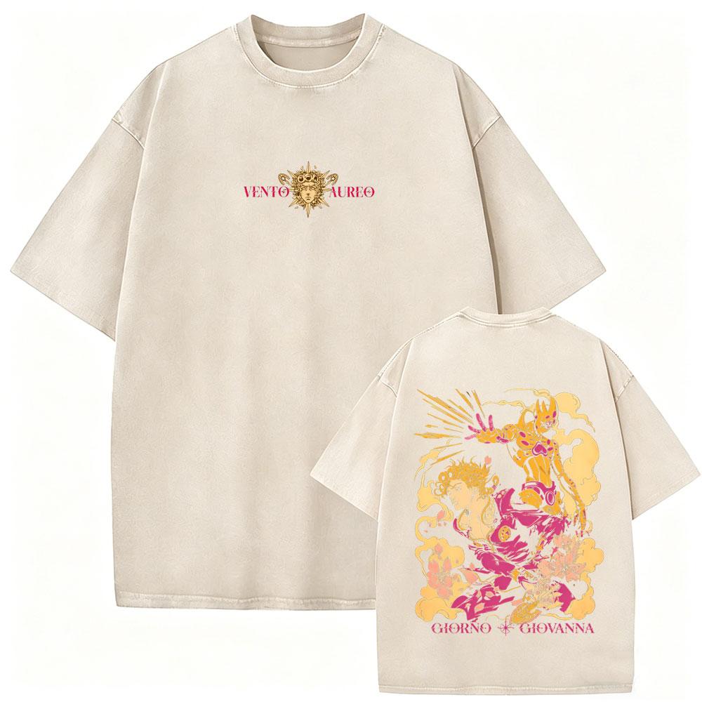 Washed Vintage Anime Jojo Bizarre Adventure Tshirt Retro Manga Giorno Giovanna T Shirts Men Casual Cartoon Oversized Tshirts