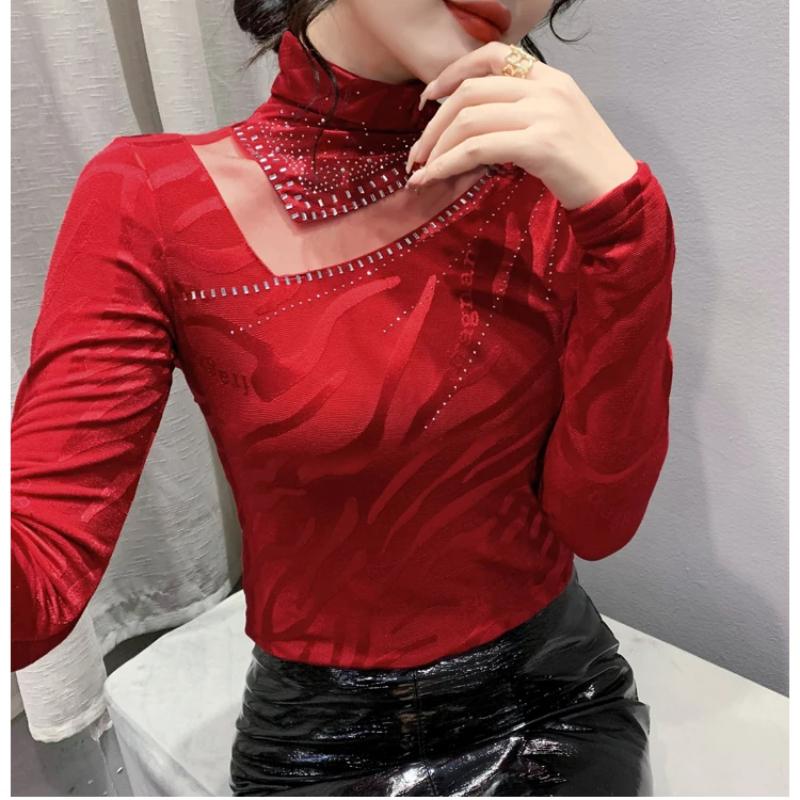 Spring Autumn Classic Women Turtleneck Long Sleeved T-Shirt Fashion Sexy Hot Diamonds Tees Elastic Slim Girl Tops Blouse