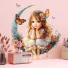 Girl On Moon with Butterflies Wall Stickers, Removable Waterproof Moisture-Proof Self-Adhesive PVC Decals for Kids Room Bedroom Living Room Decoration