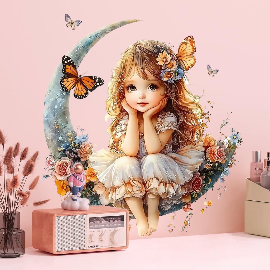 Girl On Moon with Butterflies Wall Stickers, Removable Waterproof Moisture-Proof Self-Adhesive PVC Decals for Kids Room Bedroom Living Room Decoration