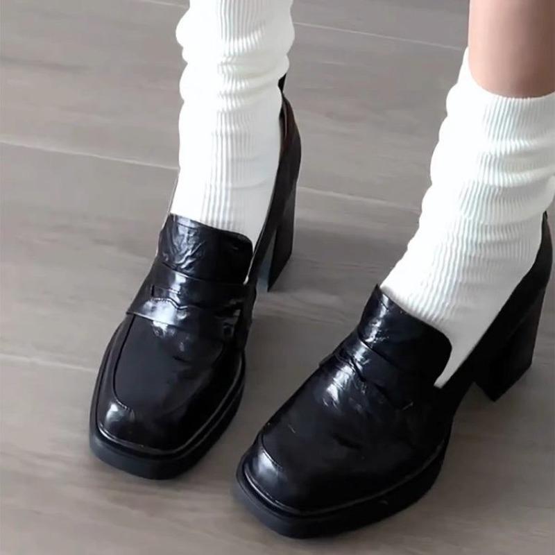 Retro high-heeled single shoes women s deep-mouth thick-heeled loafers British thick-soled square-headed small leather shoes with super high heels 40 чёрный