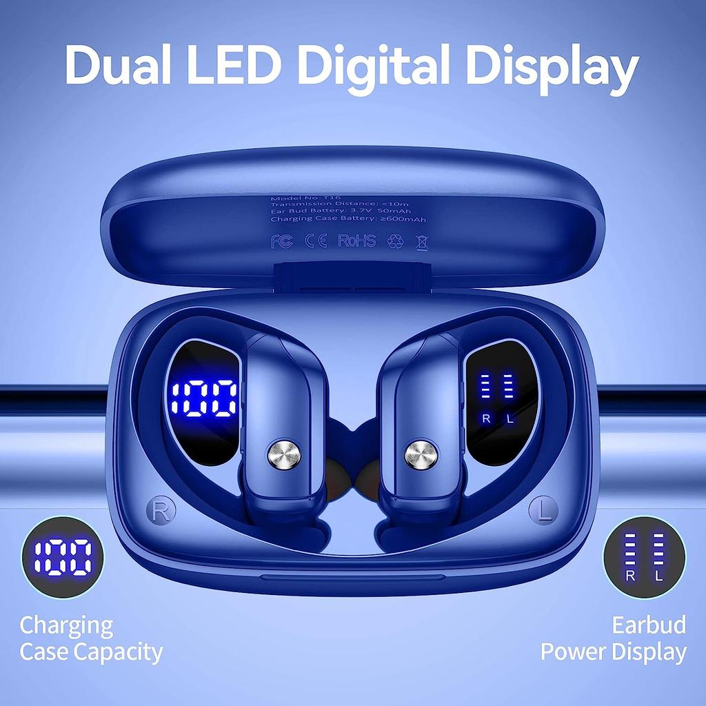 Wireless Earbuds Bluetooth Headphones 48hrs Play Back Sport Earphones with LED Display Over-Ear Buds Headset for Workout Blue