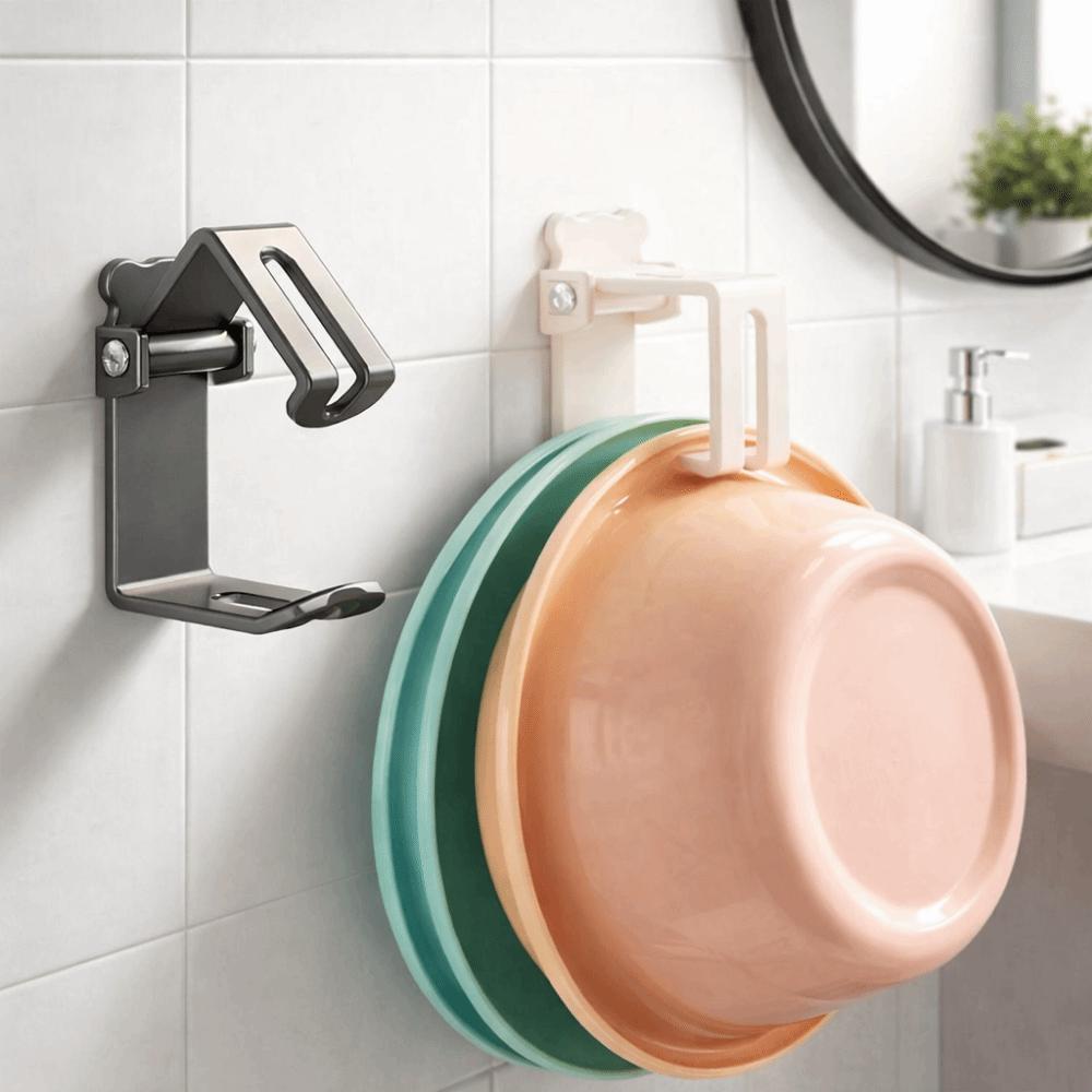 2 Pieces Carbon Steel Wash Basin Hooks Punch-Free Wall Mounted Wash Basin Holder Folding Space Saving Basin Storage Rack Toilet