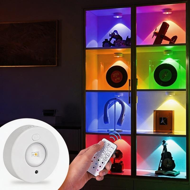 RGB LED Cabinet Light Magnetic Rechargeable Spotlight Remote Control Dimmable Wardrobe Display Case Lamp Type-C Charging