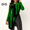 Women Autumn Winter Geometric Print Blouse O Neck Long Sleeve Side Split Hem Mid Length Pullover Tunic Tops Streetwear