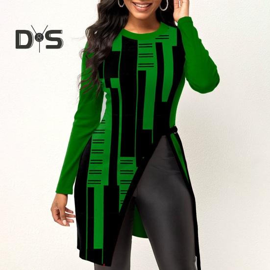 Women Autumn Winter Geometric Print Blouse O Neck Long Sleeve Side Split Hem Mid Length Pullover Tunic Tops Streetwear