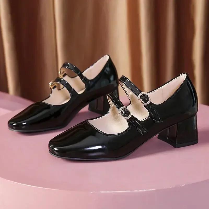 Women's Shoes 2025 Fashion Buckle Women Pumps Autumn Mary Jane Square Toe Shallow Solid Dress Party Chunky Heels Shoes Zapato