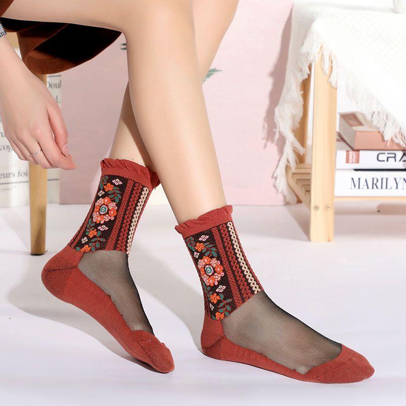 5 Pairs of Four Season Thin Cotton Bottom High Tube Crystal Glass Fiber Adult Women's Socks