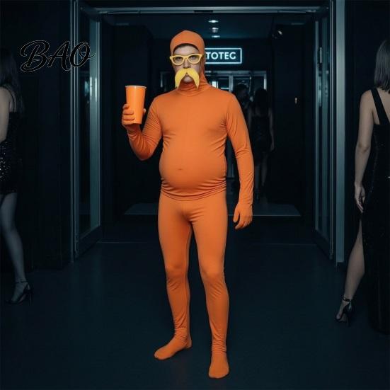 Skin Friendly Party Outfit Orange Full Bodysuit for Kids Adults, with Belly, Yellow Mustache & Eyebrows, Body Zentai Suit Men Women Open Face