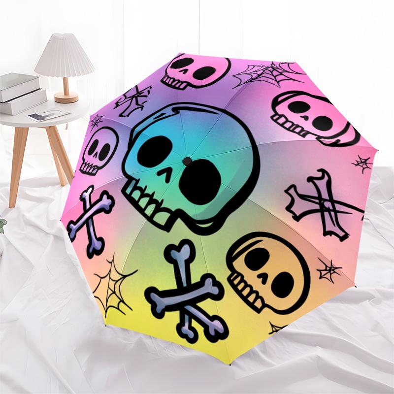 1 PC Automatic Folding Umbrella - Colorful Skulls Pattern, Portable & Foldable Design with 8 Ribs, Christmas Birthday Gifts