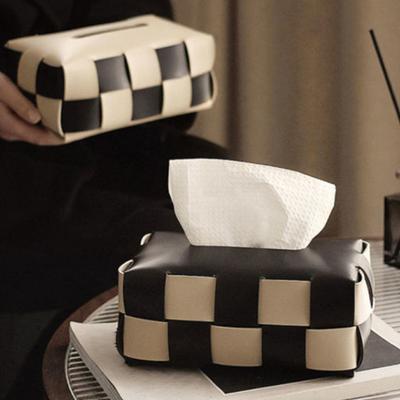 Checkered Tissue Box with Flip-Open Top PU Leather Tissue Holder Stain-Proof Facial Tissue