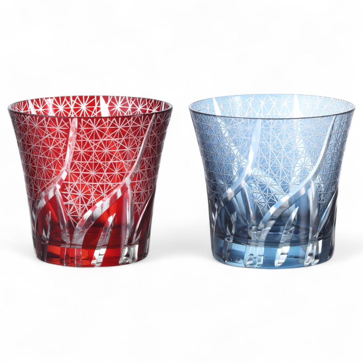 

Mizukage Kiriko Pair Glass Cups 240cc Random Carving Small Pattern Red Ink Blue with Engraved Base Bishou Current Model J-kitchens 94xH85mm &