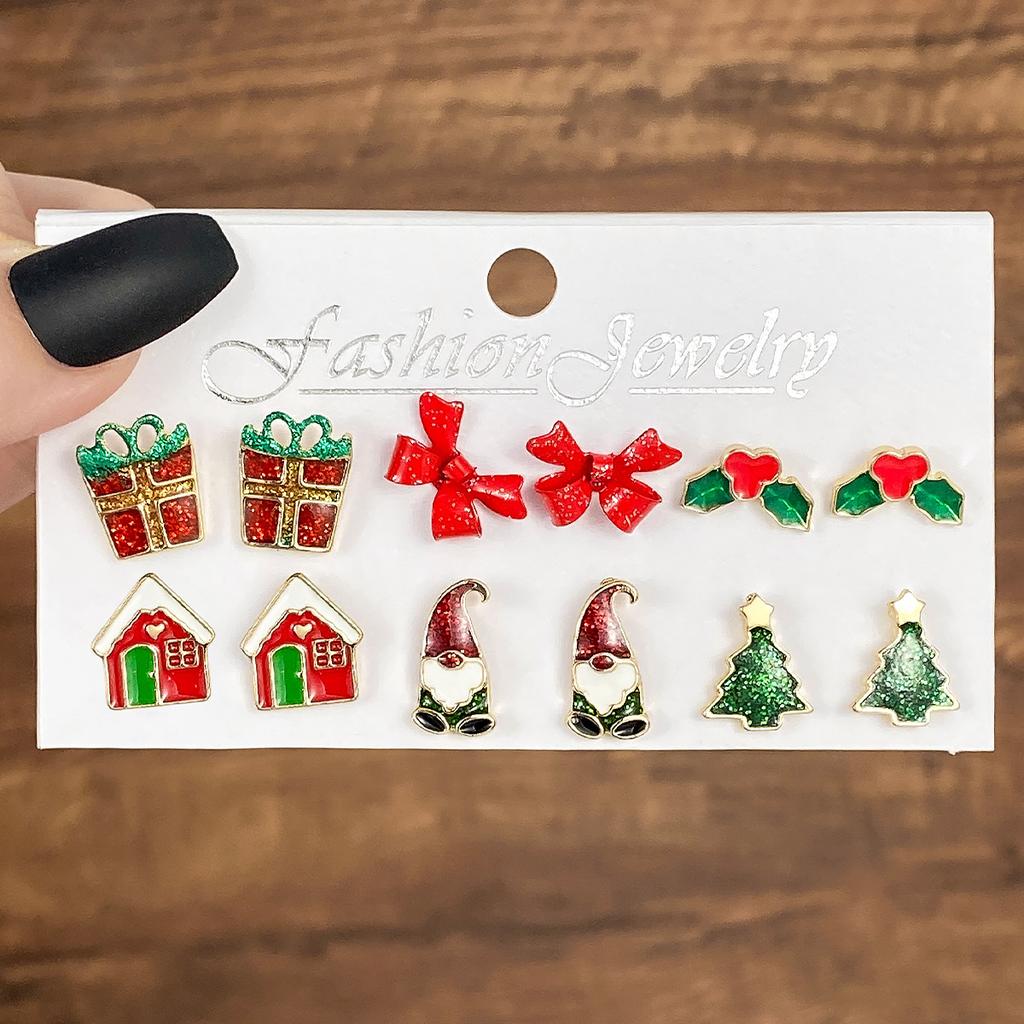6 Pairs Christmas Earrings Set Selling Cartoon Dripping Oil Elk Santa Claus Christmas Tree Earrings for Women