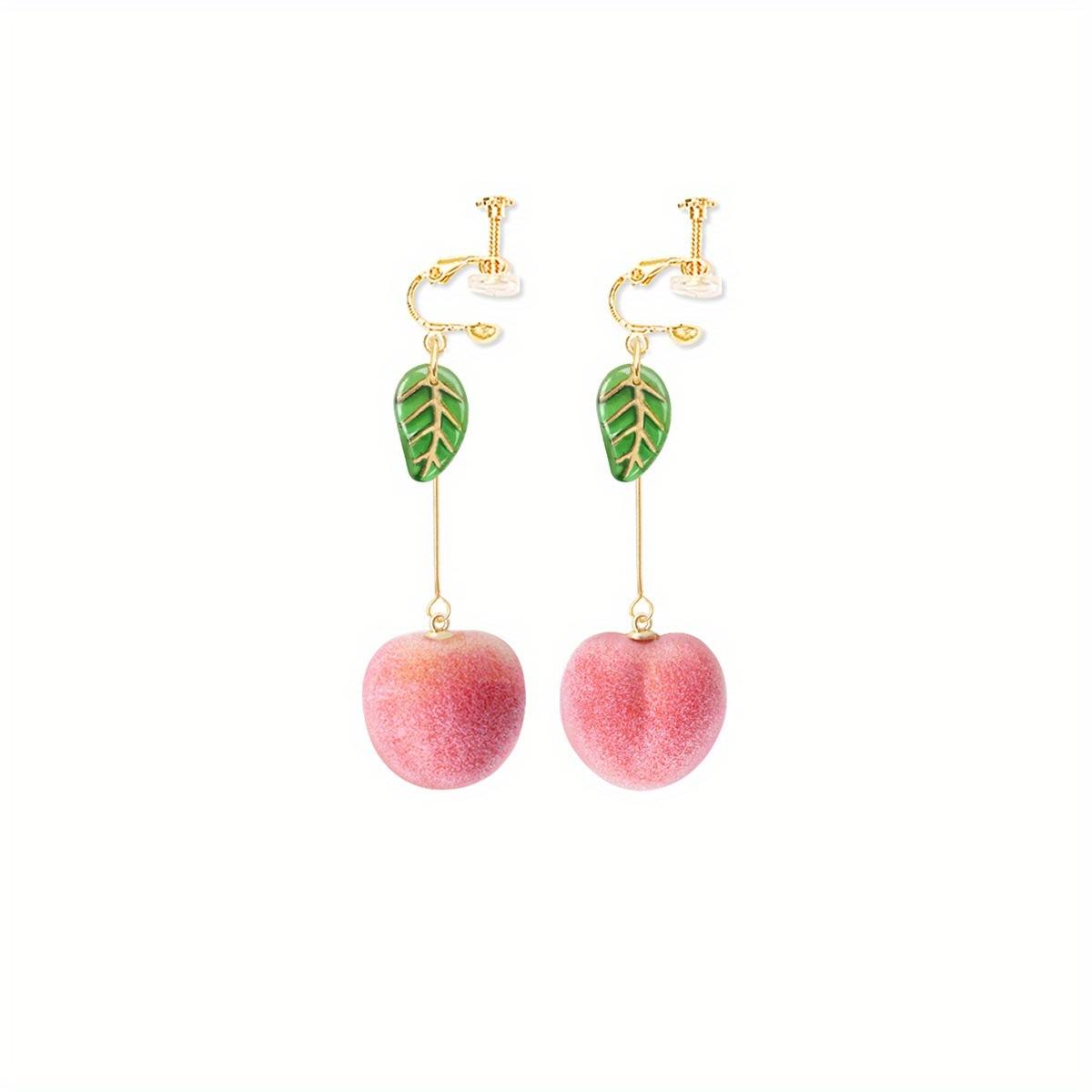 

Милі плюшеві персикові темпераментні довгі сережки для жінок Срібна голка Зелене листя Персикові сережки Сережки