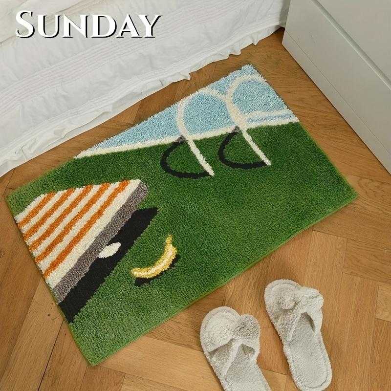 Soft Tufted Door Mat with Swimming Pool Design Vibrant Green and Multicolor, Polyester Blend, Hand Washable Area Mat for Bedroom, Kitchen, Bathroom