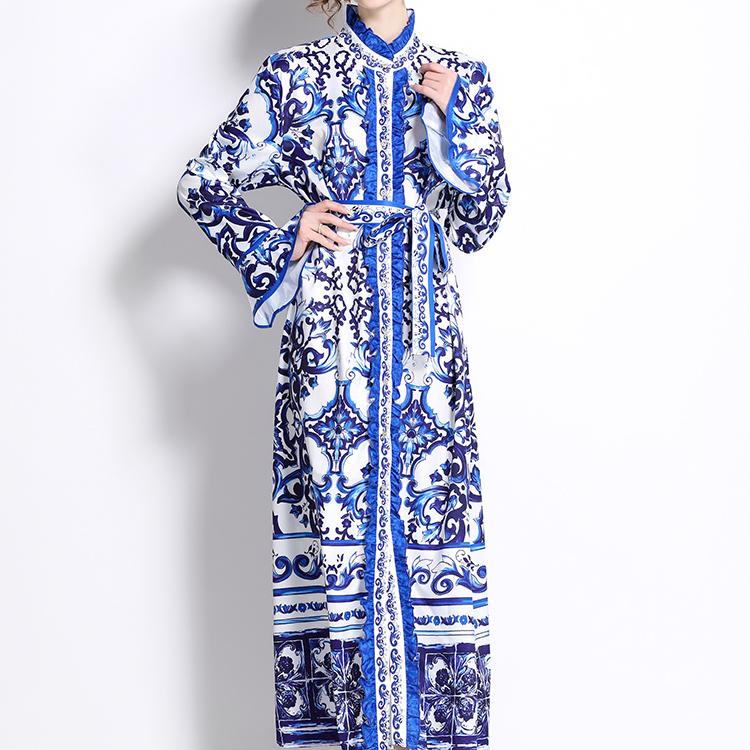 Primavera Otoño Pasarela Amarillo Rojo Azul Y Estampado Porcelana Blanca Bata Vestidos Maxi de Fiesta para Mujer con Volantes Manga Larga Acampanada Cinturón con Cordones