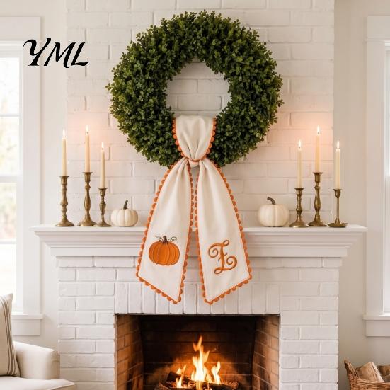 Rustic Fireplace Mantel Trimmings Halloween Pumpkin Wreath Sash for Fall Front Door Decor, Orange Scalloped Fabric Festival Gift Decorating