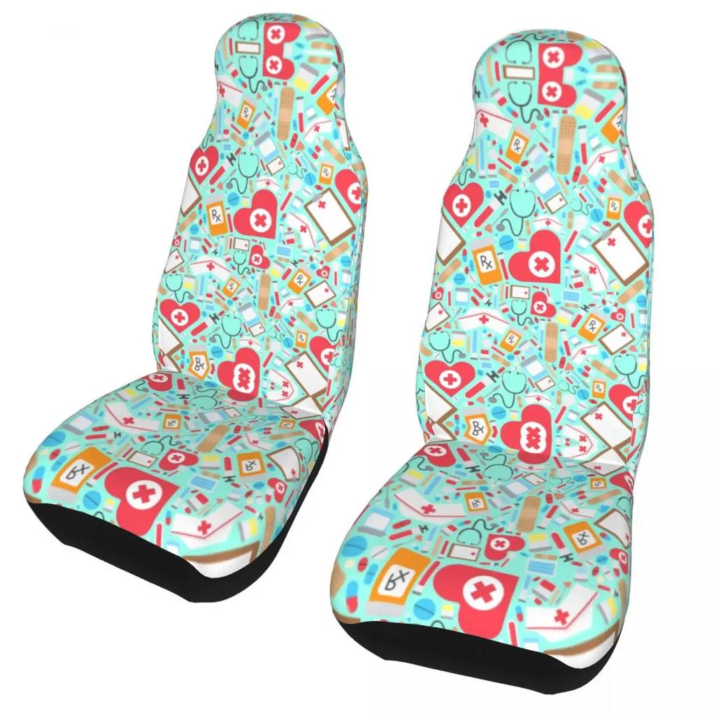 Nurse Hat Heart Pattern Front Auto Seat Cover For Women Print Nursing Car Seat Covers Fit Any Truck Van Rv Suv 2Pc