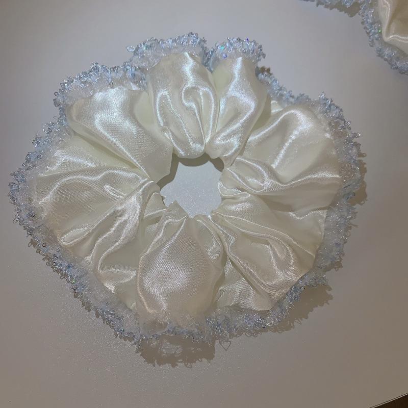 White Moonlight Lace Floral Scarf Hair Tie - Pearlescent Rubber Band for Women
