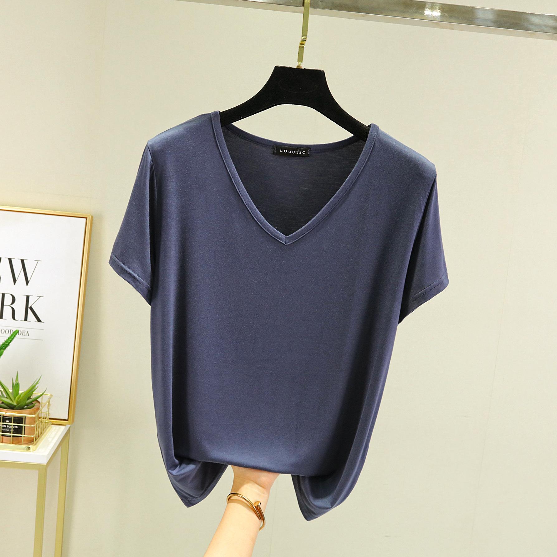 

Летние женские модальные футболки с v-образным вырезом, футболки с тонким дном, свободные футболки больших размеров, уличная одежда, базовый топ XL темно-синий