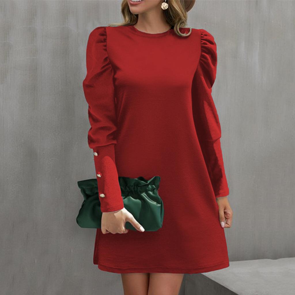 Women's Fashion Casual Solid Color Round Neck Bubble Sleeve Button Long Sleeve Dress