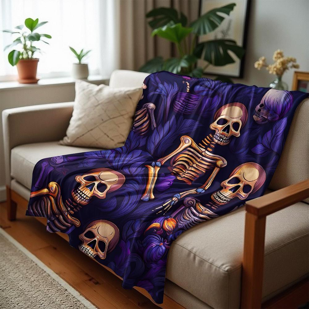 Purple Floral Skeleton Vintage Anime Cartoon Flannel Blanket Soft Warm Throw for Bedroom Sofa Car Kids Holiday Gift