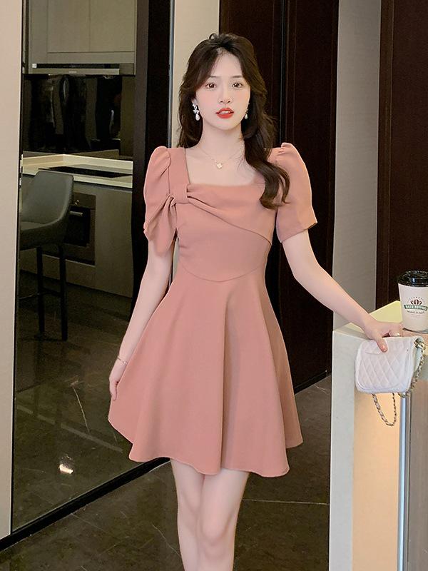 

French Square Neck Bowknot Dress - Summer Korean Slimming Short Design Extra Large