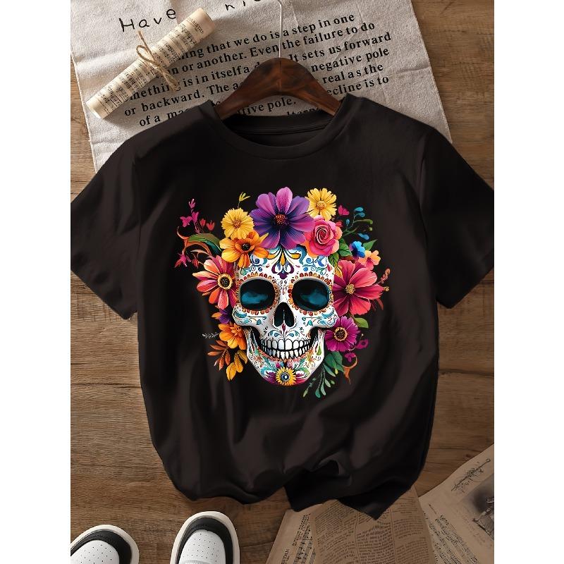 A581[Colorful Floral Skull Print Round Neck Short Sleeve T-Shirt]