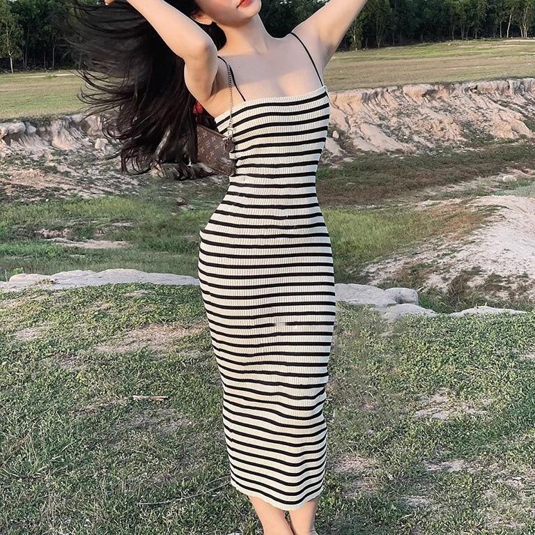 Pure desire style Spice girl striped sleeveless dress tube top sexy inner knitted hip skirt atmosphere vacation dress