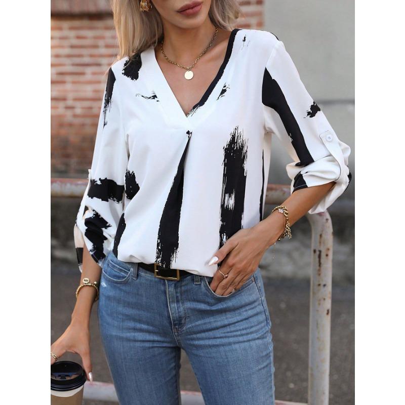 Women Black White Abstract Print V Neck Roll Tab Long Sleeve Casual Blouse
