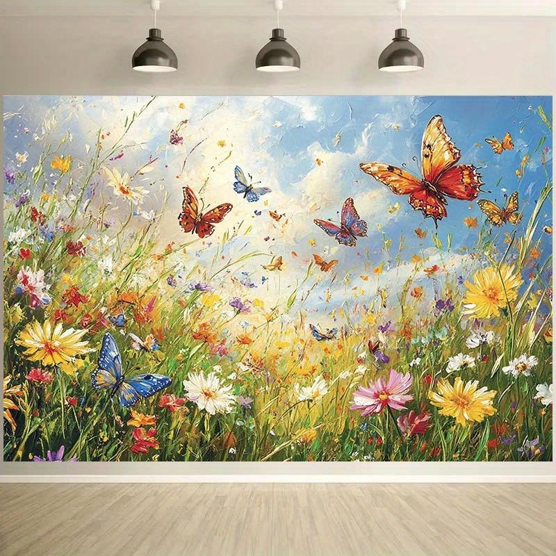 1. Vivid butterfly and wildflower grassland background  rich natural scenery of blue sky and white clouds