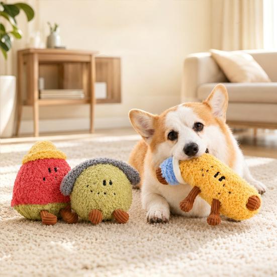 Teeth Grinding Toys for Puppies Plush Fruit Dog Toy with Bell, Squeaky Interactive Chew Toy, Shape Pet Soft Stuffed Small To Medium Dogs
